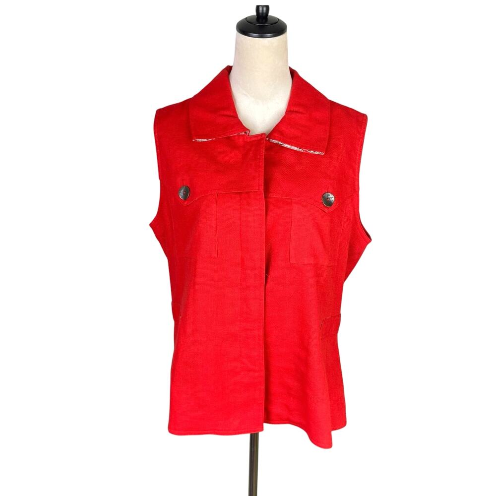 Coldwater Creek Bright Red Sleeveless Collared Button Front Woven Layering Vest